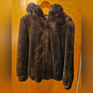 VINTAGE FAUX FUR COAT WITH HOOD SIZE MEDIUM